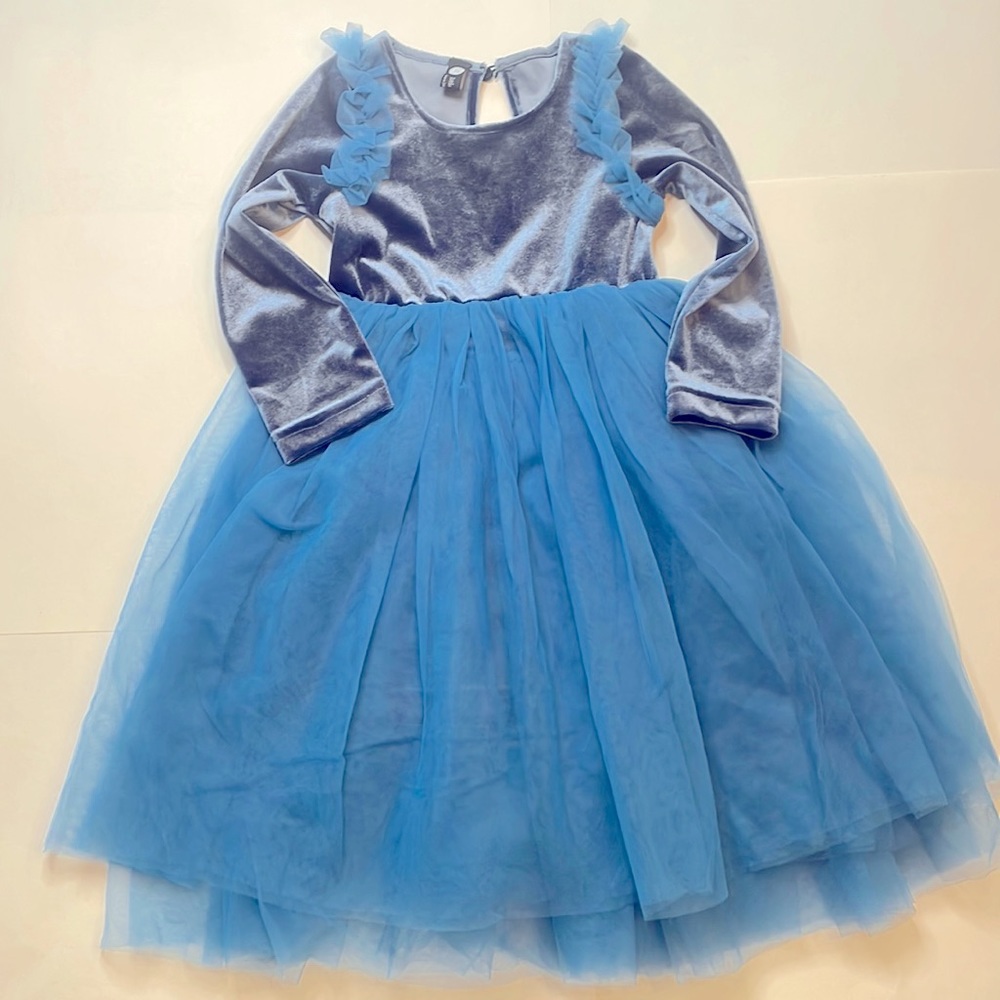 Toddler full length blue velvet and tulle dress.